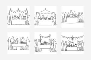 Buffet and Party Scenes Outline Art Illustration on White Background Line Drawing for Events and Celebrations vector