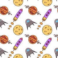 Seamless childish space pattern with spaceships and planets on white background. Hand Drawn Galaxy, Rockets and Planets. For children's textiles, wrapping paper, fabric or print design vector