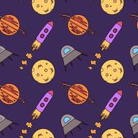 Seamless childish space pattern with spaceships and planets on purple background. For children's textiles, wrapping paper, fabric or print design vector