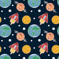 Seamless childish space galaxy pattern with spaceships and planet earth, moon, rocket, stars on blue background. Fantasy planets seamless pattern for children's textiles, wrapping paper, fabric vector