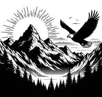 Majestic Mountain Landscape with Soaring Eagle in Black and White vector