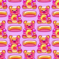 seamless pattern with bright honey gummy bears and jelly candies on light lilac background vector