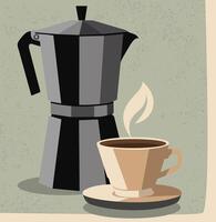 Coffee time. illustration in retro style with coffee pot and coffee cup on light green background vector