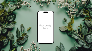 Black front view smartphone mockup on green surface with flowers psd