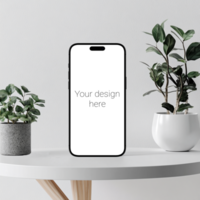 Black front view smartphone mockup on marble table with plants psd