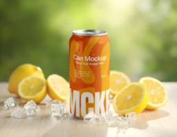 Soda beverage can mockup with lemon and ice cubebackground psd