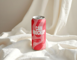 Soda beverage can mockup with fabric background psd