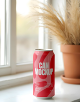 Soda beverage can mockup with windows background psd