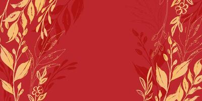 Luxurious Chinese background with flowers, branches, and leaves in gold colors. Golden floral frame isolated on red background. Suitable for wallpaper, posters, and elegant card designs. vector