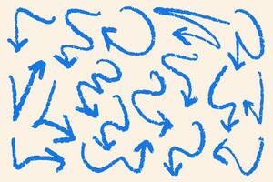 Hand drawn arrows with chalk effect. Set of doodle arrows with grunge edges. Collection of colorful blue hand free curved lines and pointers. vector