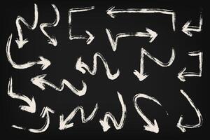 Hand drawn arrows with chalk effect. Hand drawn set of doodle arrow icons isolated on black background. Collection of hand free curved lines and pointers. vector