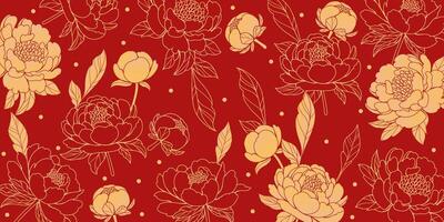 Floral background with peonies and golden tones. Hand drawn branches and leaves, on red background. Perfect for decorative cards, wallpapers, and prints. vector