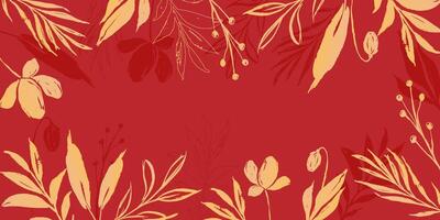 Japanese background with blooming grunge flowers and branches. Floral design in red and gold tones, complemented by botanical grunge leaves. A perfect decorative design for cards, posters, and vector
