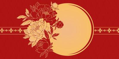Blooming peonies with gold details and leafy branches. Floral banner with golden frame isolated on red background. Luxurious design, perfect for cards, wall decor, and elegant prints. vector