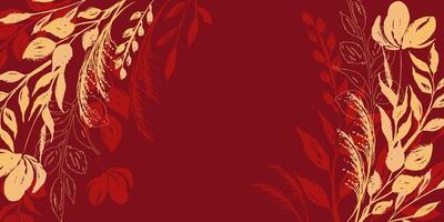 Abstract Asian background with flowers and leaves forming a golden frame. Elegant design in red and gold tones . Ideal for wallpapers, invitations, or decorative posters. vector