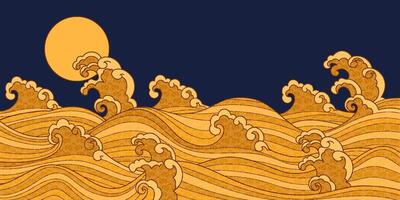 Oriental background with hand-drawn sea waves with gold colors and flat texture. Ideal for modern banners, covers, and website decorations. vector