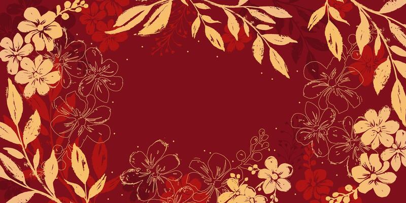 Oriental floral design with wild flowers and leafy branches in red and gold with grunge effect. Japanese and Chinese abstract background. Perfect for wallpapers, cards, or posters.