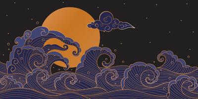 Luxurious Mid-Autumn Festival background with abstract waves and golden moon. Perfect for packaging, banners, greeting cards, and invitations. vector