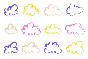 Hand drawn cute collection of clouds with rough edges and with vibrant colors. Abstract cartoon and fluffy cloud icons. Grunge clouds. vector