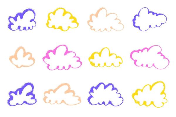 Hand drawn cute collection of clouds with rough edges and with vibrant colors. Abstract cartoon and fluffy cloud icons. Grunge clouds.