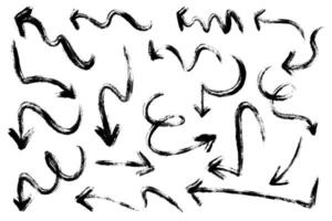 Black and white arrows with grunge edges. Hand drawn set of pointers. Collection of hand free curved lines vector