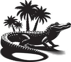 Alligator silhouette with palm trees vector