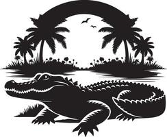 An alligator in the water with palm trees and a sunset vector