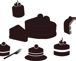 A set of black and white silhouettes of cakes and other items vector