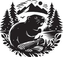A black and white illustration of a beaver sitting on a log vector