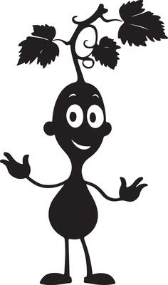 A cartoon character with leaves on his head