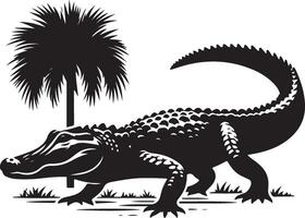 An alligator is standing in front of a palm tree vector