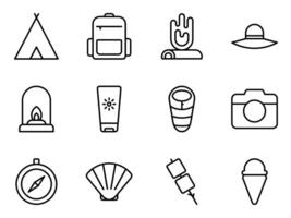 beach camp Icon Set with Outline Style vector