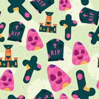 Halloween pattern with tombstones, skulls, and haunted castles vector