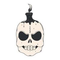 Skull with melting candle on top in black and white, vector