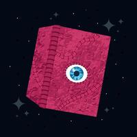 Mystical book with enchanted eye design on dark background, vector