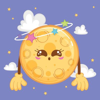 Moon surrounded by colorful stars in outer space, illustration