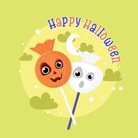 Pumpkin and ghost lollipops with Happy Halloween text, vector