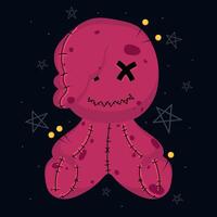 Voodoo doll with colorful pins and happy expression, vector
