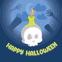 Skull candle with spooky Halloween background and text, vector