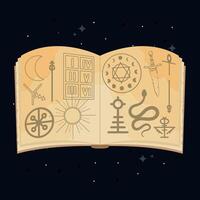 Open spell book with mystical symbols and dark background, vector