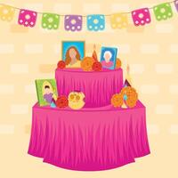 Dia de los Muertos altar with portraits and candles vector