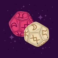 Runic dice with mystical symbols on dark background, vector