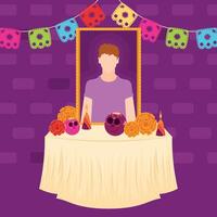 Dia de los Muertos altar with candles and sugar skulls vector