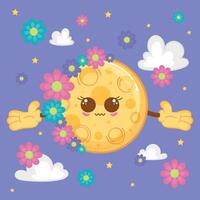 Smiling moon surrounded by flowers and clouds, illustration vector