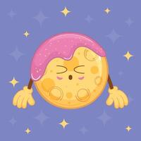 Moon character with pink frosting smiling under stars, illustration vector