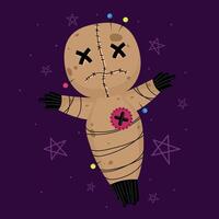 Stitched voodoo doll with colorful pins and sad expression, vector