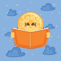 Smiling moon reading book under cloudy sky, illustration vector
