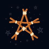 Wicker pentagram on dark background with stars, vector
