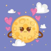 Blushing moon surrounded by hearts and clouds, illustration vector