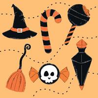 Halloween pattern with witch hats, candy, and potions vector